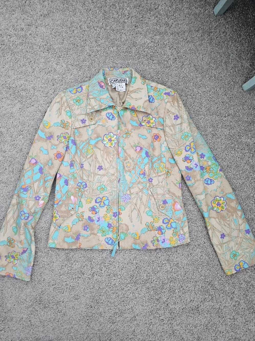Carlisle Floral Print Zip Front Jacket Blazer Tan Teal Purple Size 6